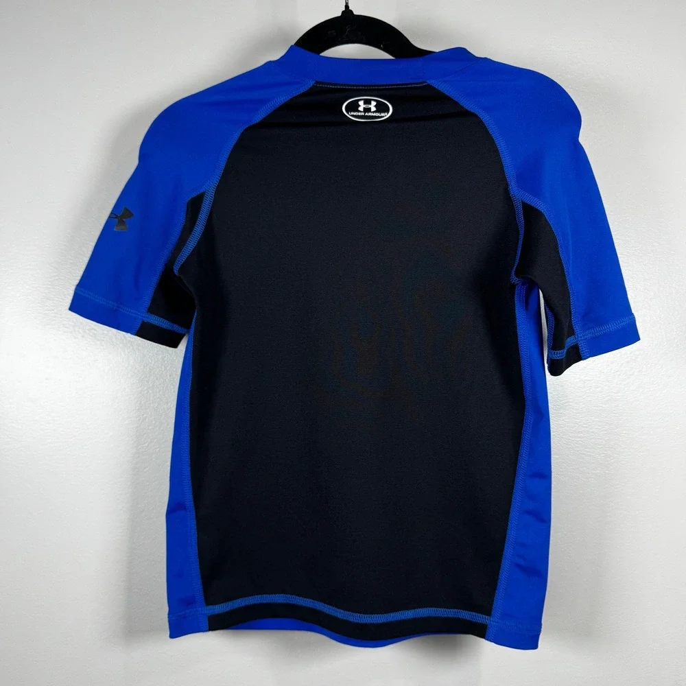Under Armour Boys HeatGear Rash Guard Blue Black UPF 50+ Swim Shirt Sz 6 Beach